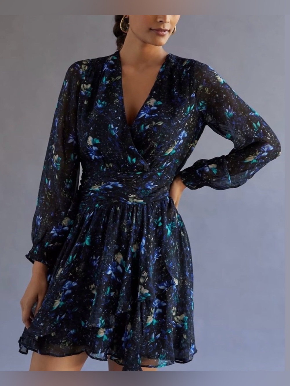 Anthropologie Ruched Black Floral Mini Dress XS